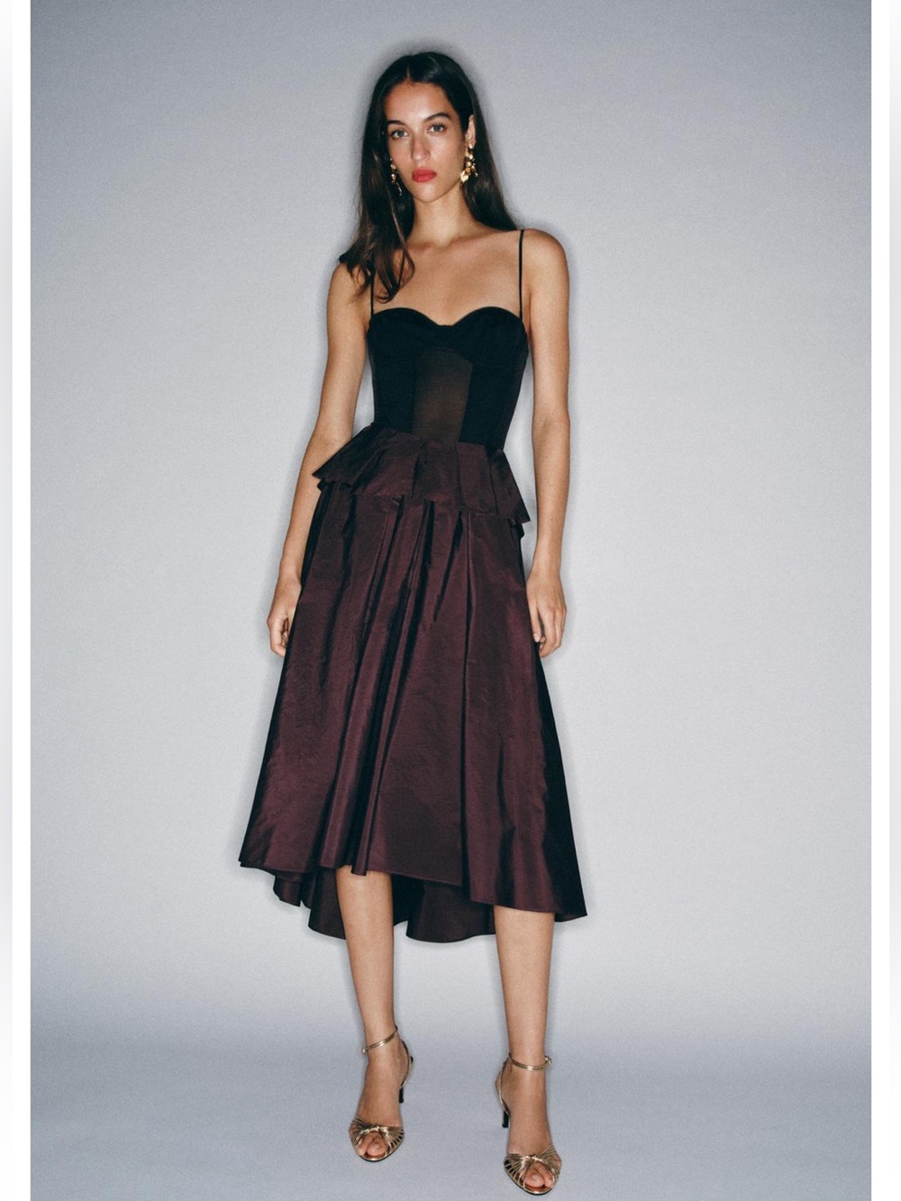 Zara Women's Burgundy Satin High-Low Ruffle Skirt ( skirt only)